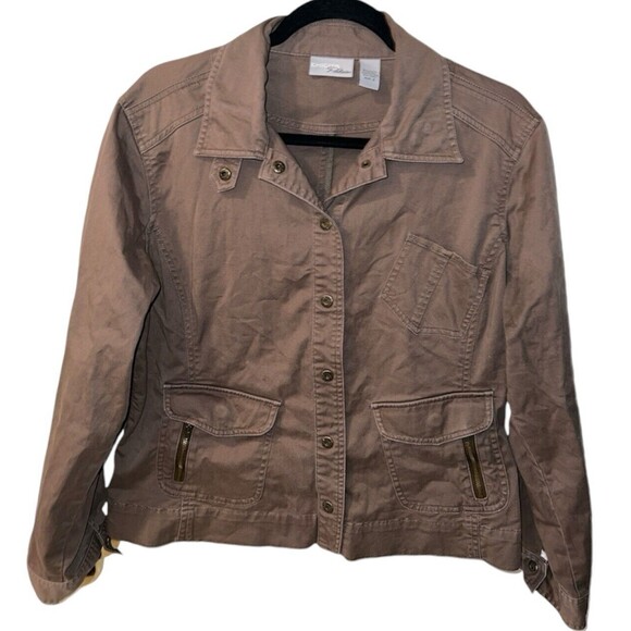CHICOS PLATINUM Jean Jacket Womens 2 Sz L Brown Snap front Utility casual - Picture 1 of 9